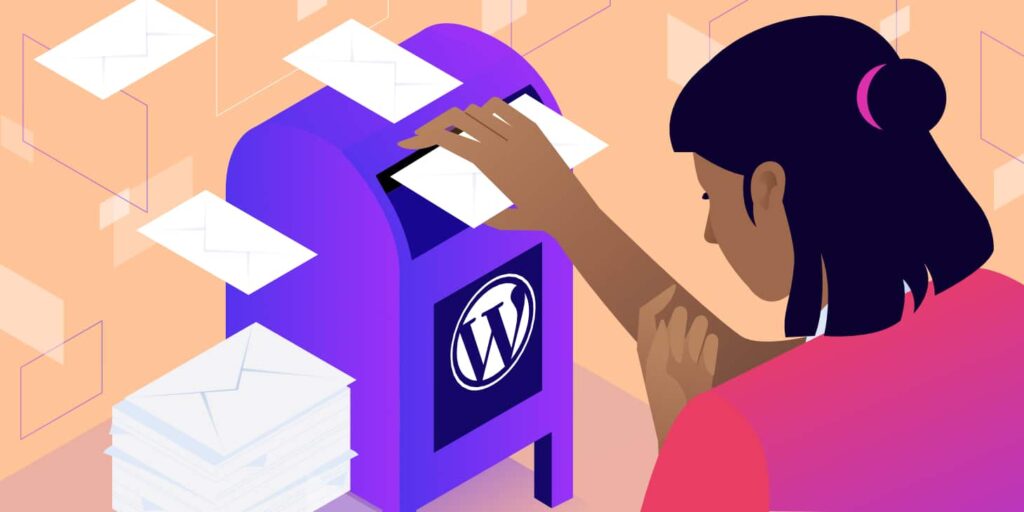 Una persona di spalle, vestita di rosa, imbuca una lettera in una cassetta delle lettere con marchio WordPress