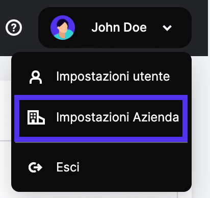 Accesso alle impostazioni Azienda nella barra di navigazione superiore.