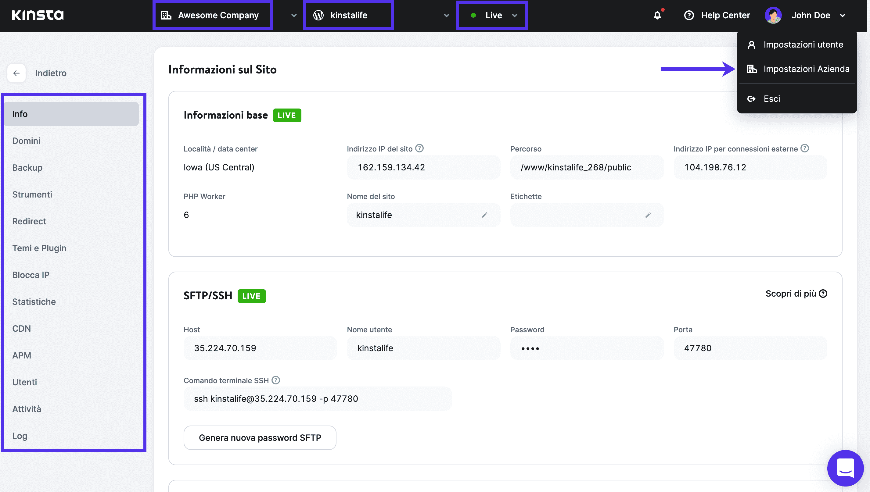 Una vista a livello di sito nella nuova dashboard di MyKinsta.