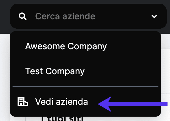 Collegamento alle impostazioni dell'azienda dall'elenco a discesa dell'azienda.