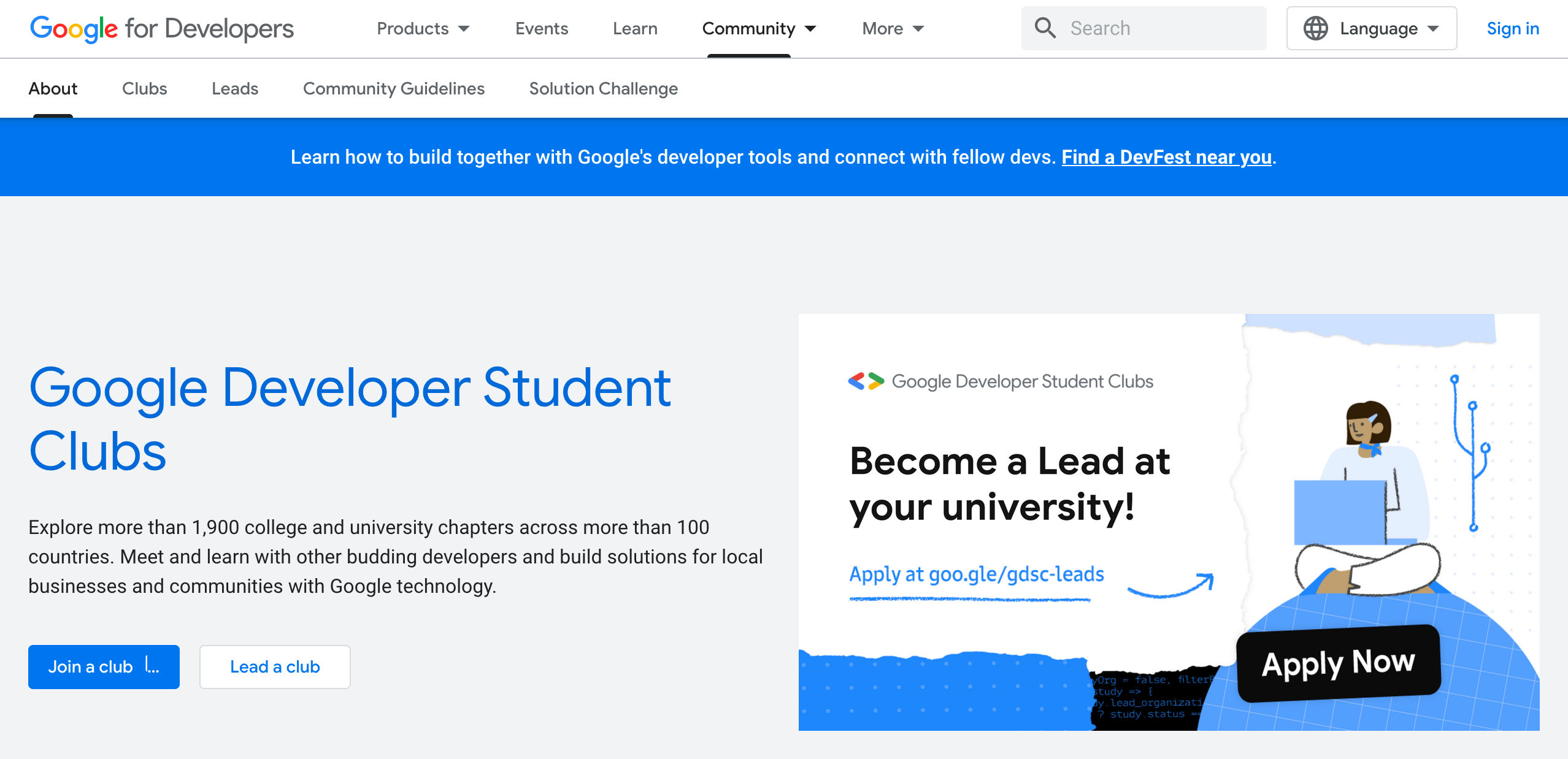 Il sito web della community Google Developer Student Clubs