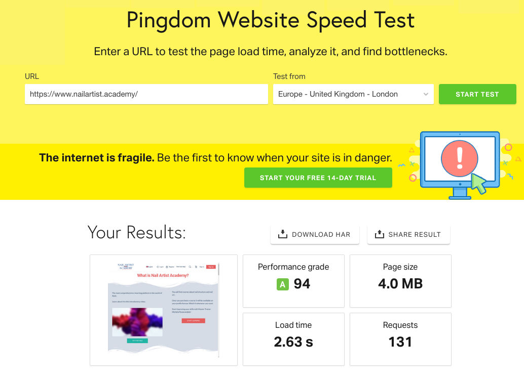 I risultati dello speed test di Pingdom per il sito di Nail Artist Academy