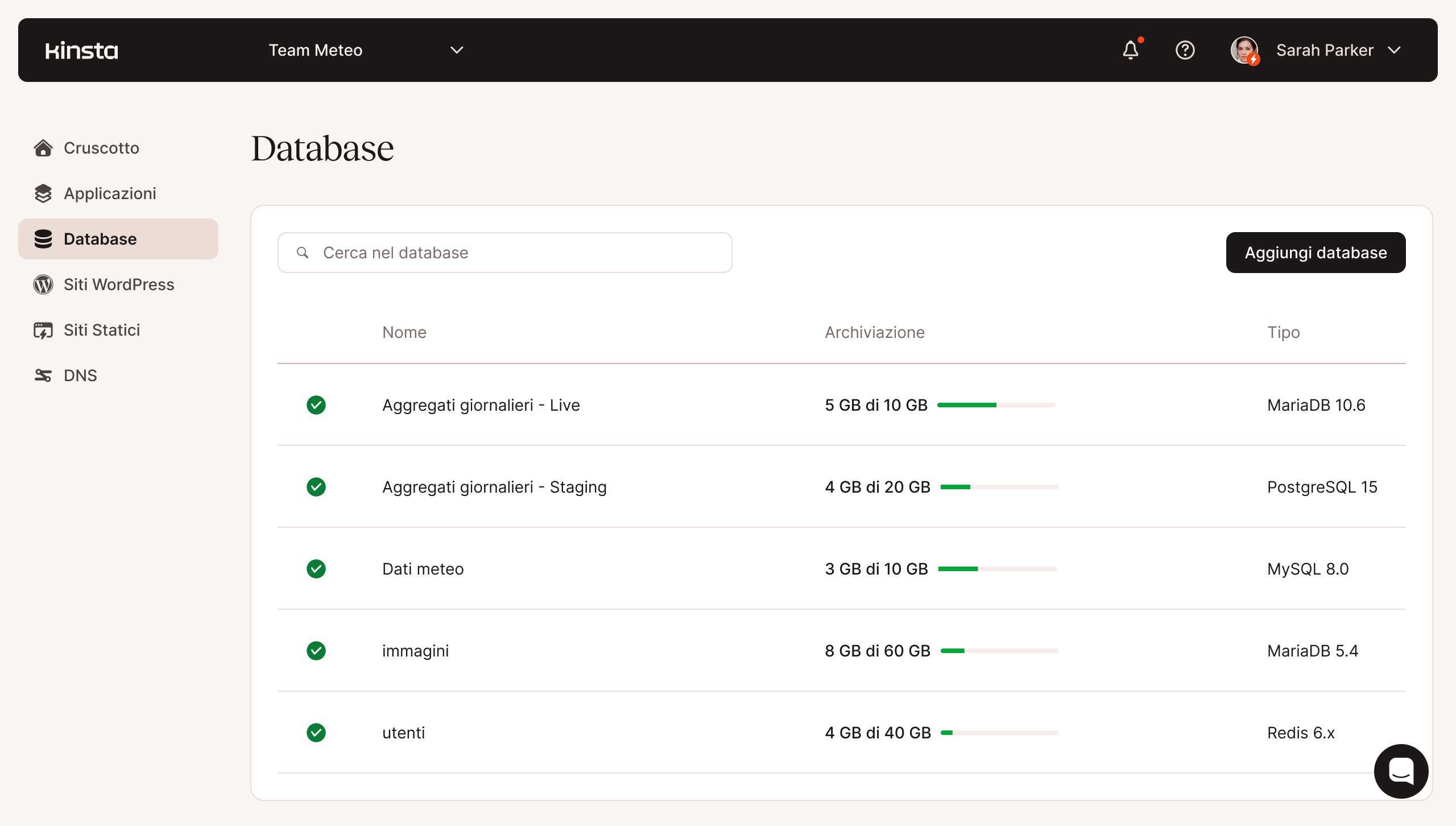 Schermata della funzionalità di gestione del database di MyKinsta