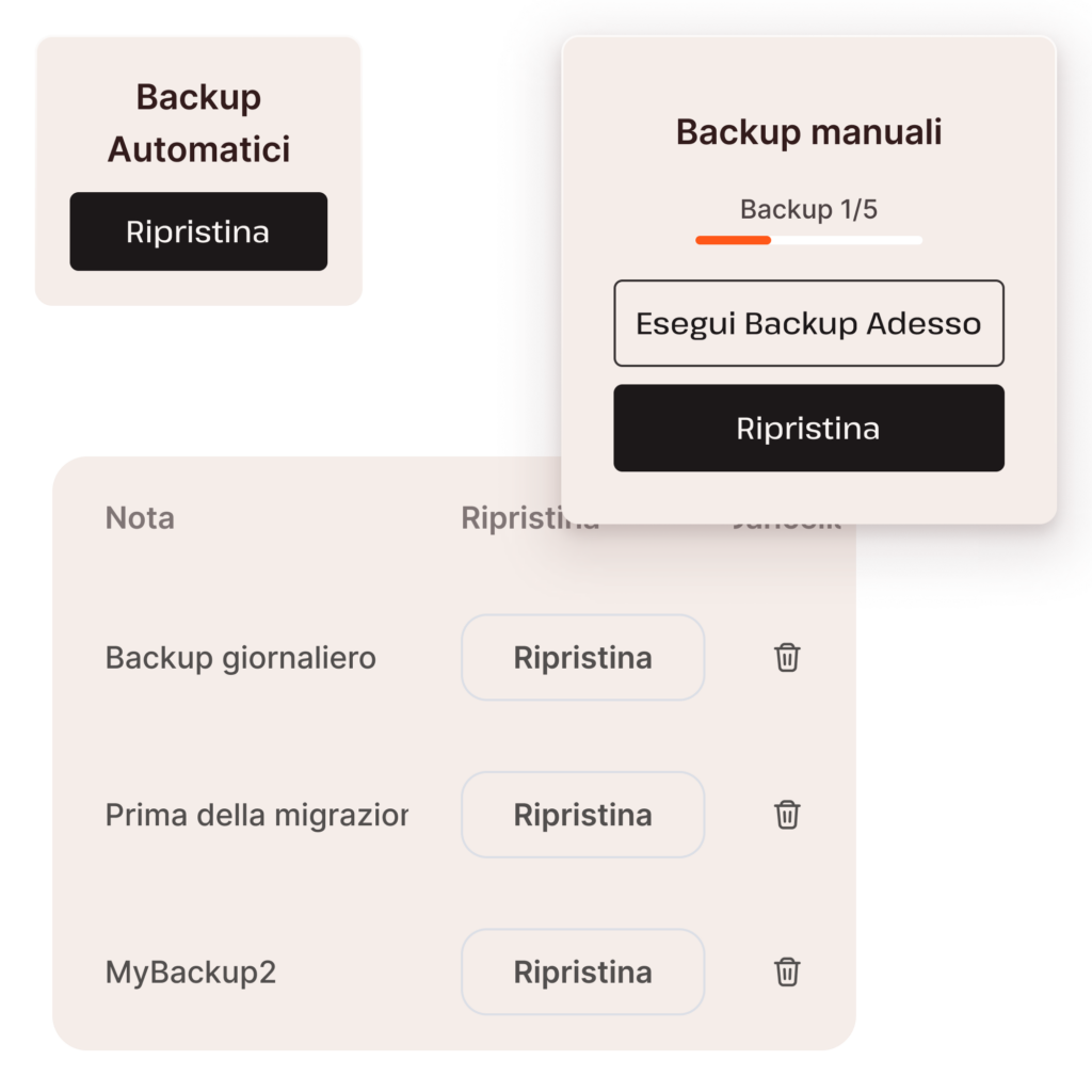 Schermate che mostrano la funzionalità di backup del database