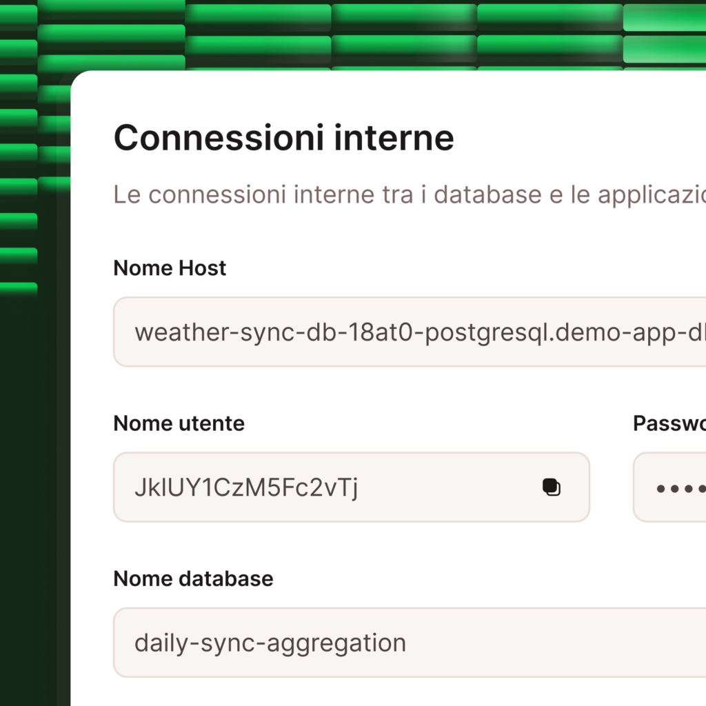 Schermata che mostra le opzioni delle connessioni interne al database