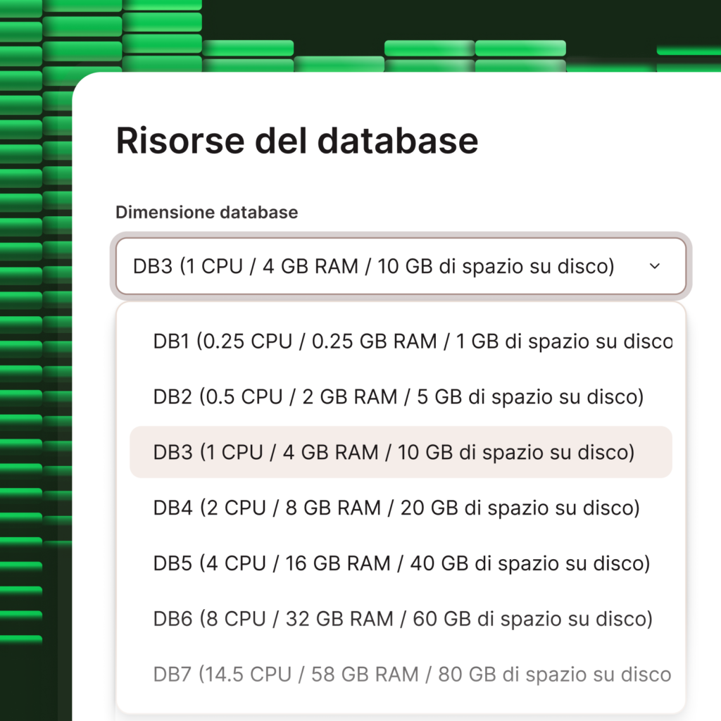 Schermata che mostra il selettore per i diversi livelli di risorse del database