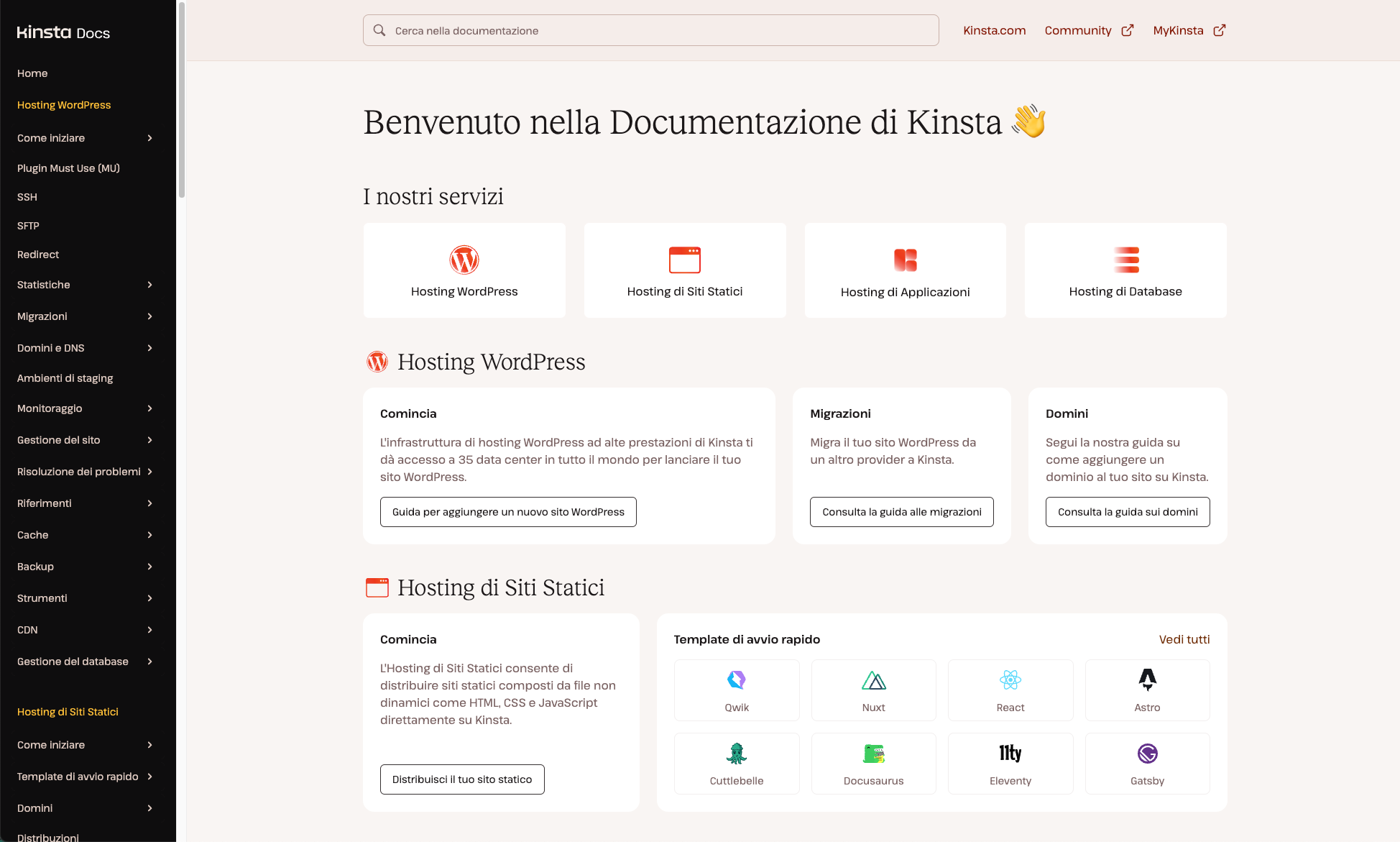 Consultate la homepage della documentazione di Kinsta in italiano.
