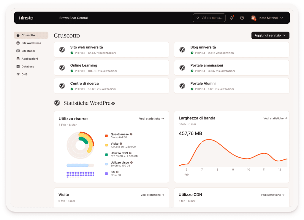 Cruscotto del cliente dell'istruzione in Kinsta con il multisito