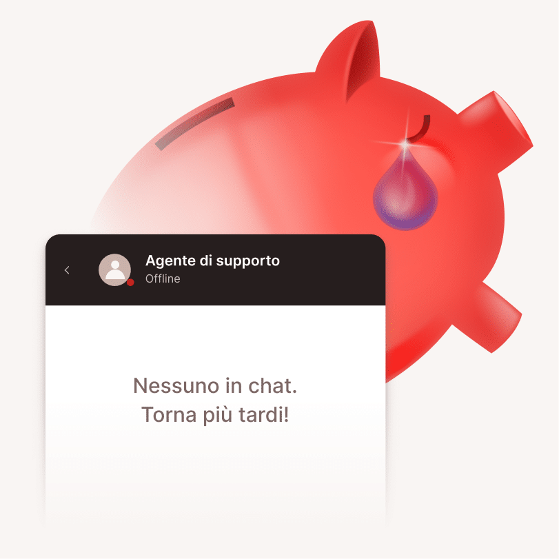Illustrazione di un salvadanaio che piange e una finestra di chat di assistenza con la scritta “Nessuno è disponibile per chattare”, che simboleggia la perdita di entrate e l'indisponibilità dell'assistenza clienti.