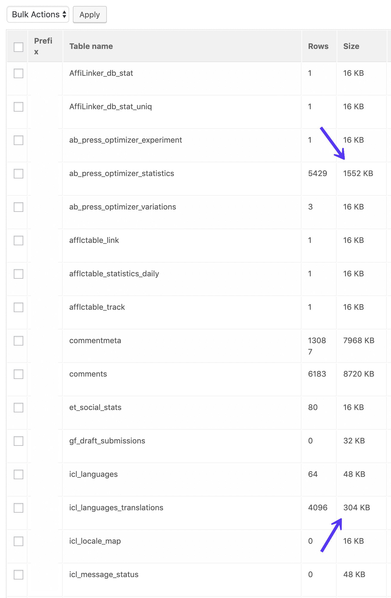 データベースの不要なテーブル