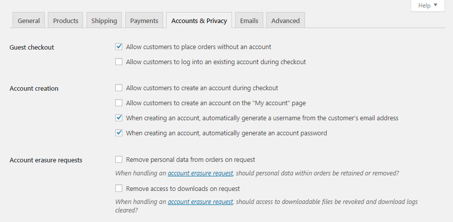 WooCommerce Accounts & Privacy settings