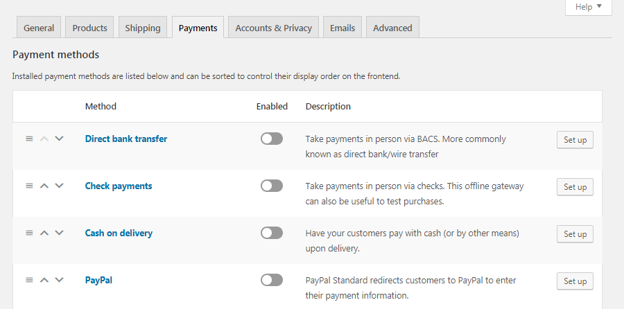 WooCommerceの「支払い設定」画面