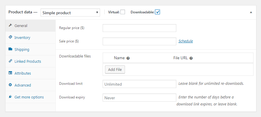 WooCommerceのダウンロード可能な商品の設定項目