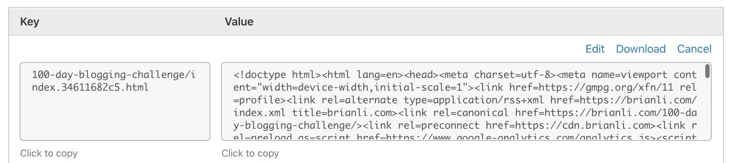 Cloudflare のWorkersKVにKey-Valueオブジェクトとして保存されているウェブページ