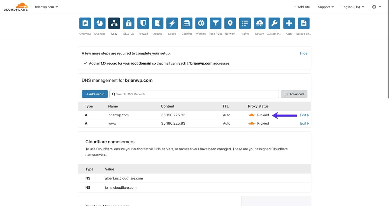 Cloudflareのオレンジ色のクラウドが有効になっているかを確認する