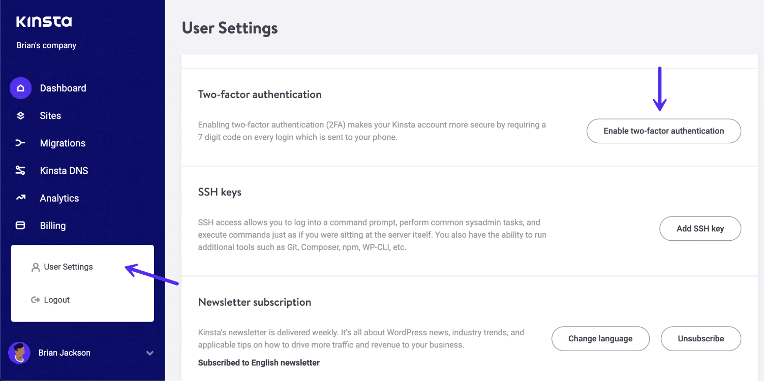 MyKinstaの二要素認証を有効にする