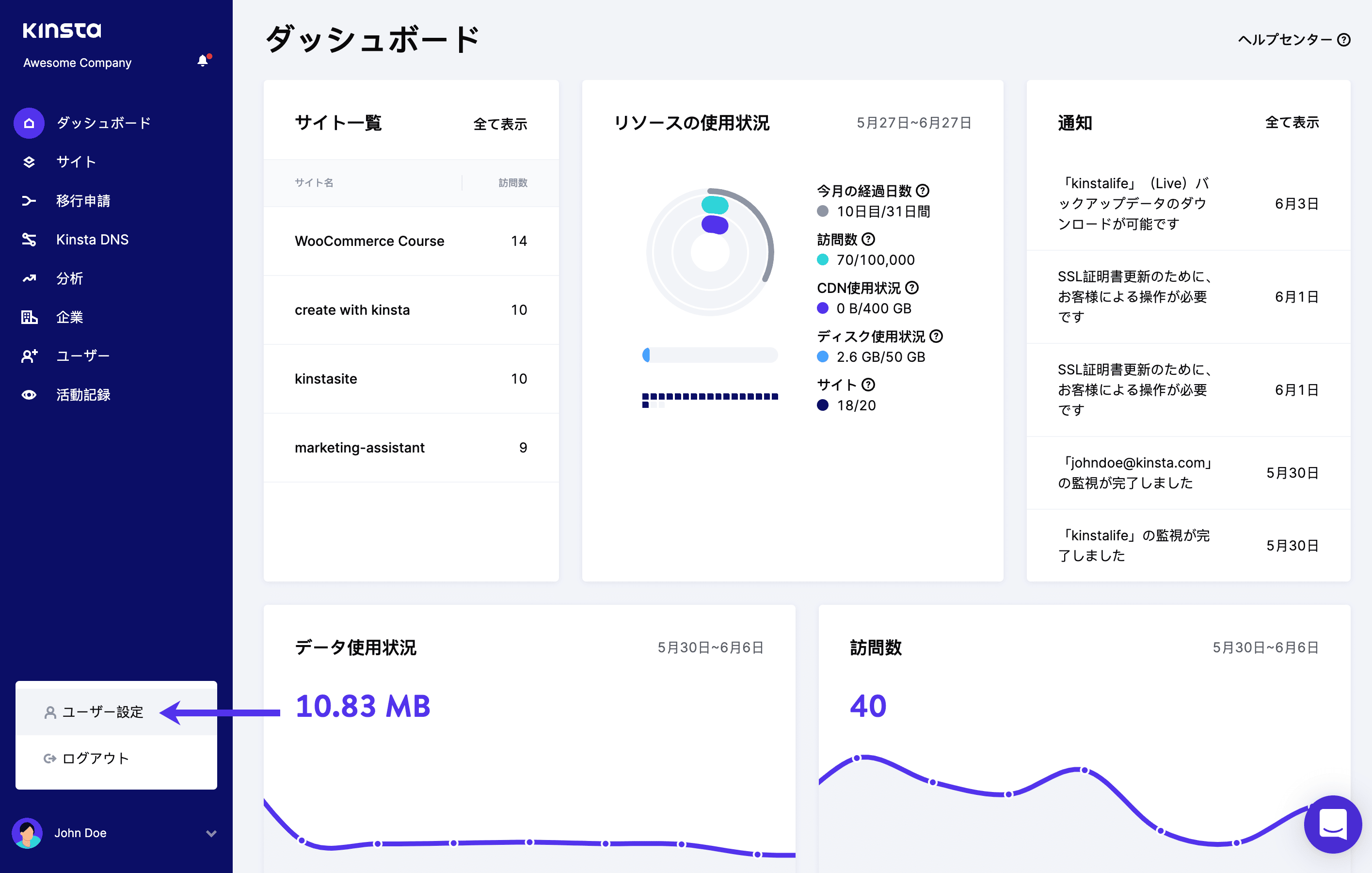 MyKinstaのユーザー設定