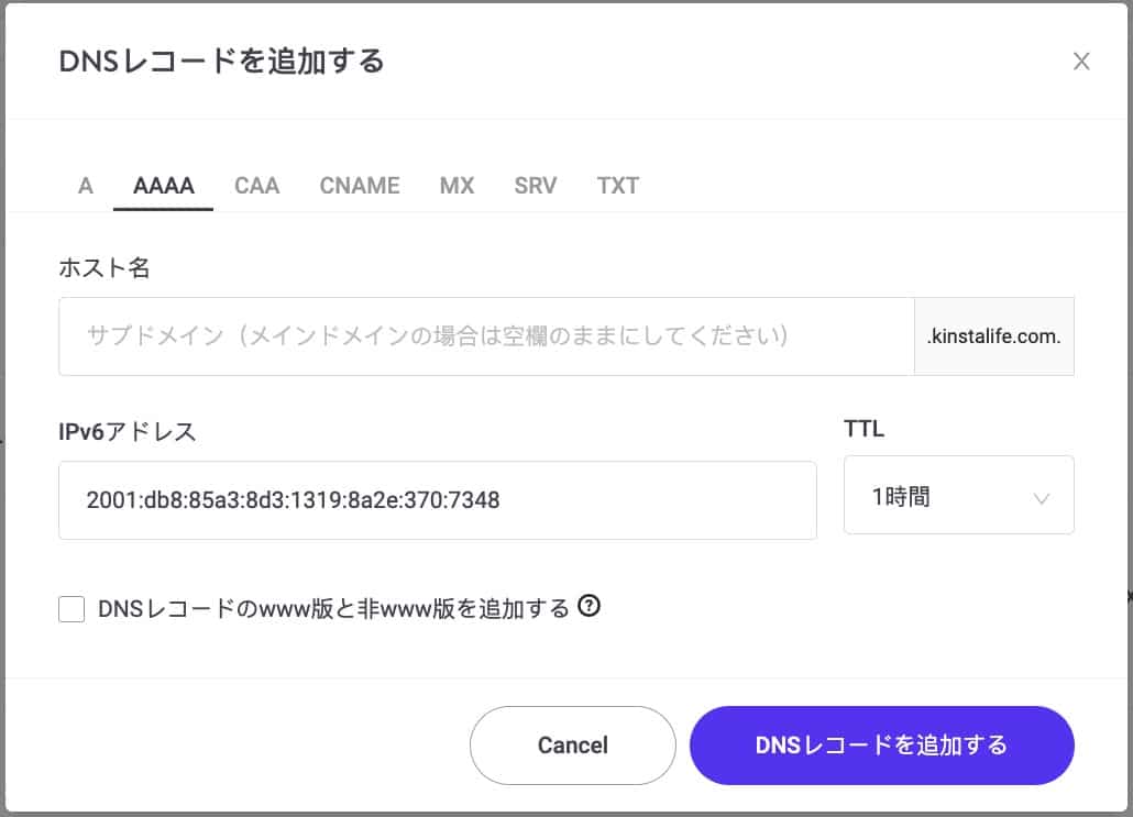 AAAAレコードのKinstaDNSへの追加
