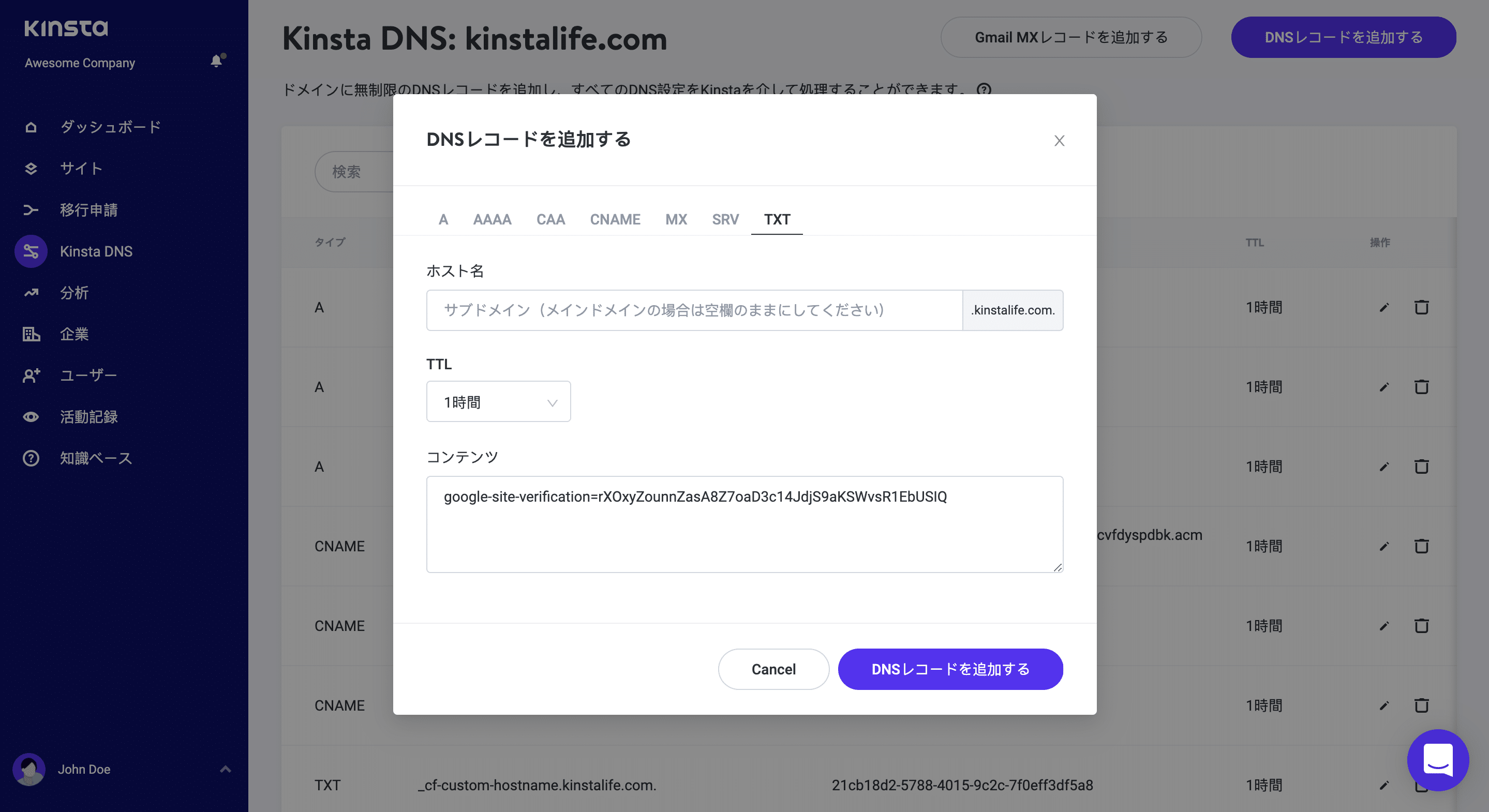 Kinsta DNSでTXTレコードを追加する
