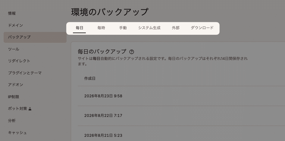 MyKinstaで利用可能なバックアップ各種