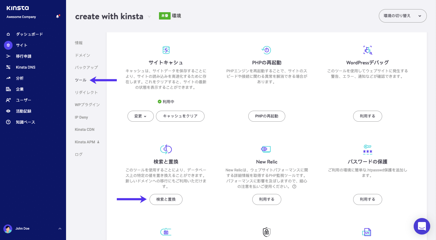 Kinstaの「検索と置換」ツール