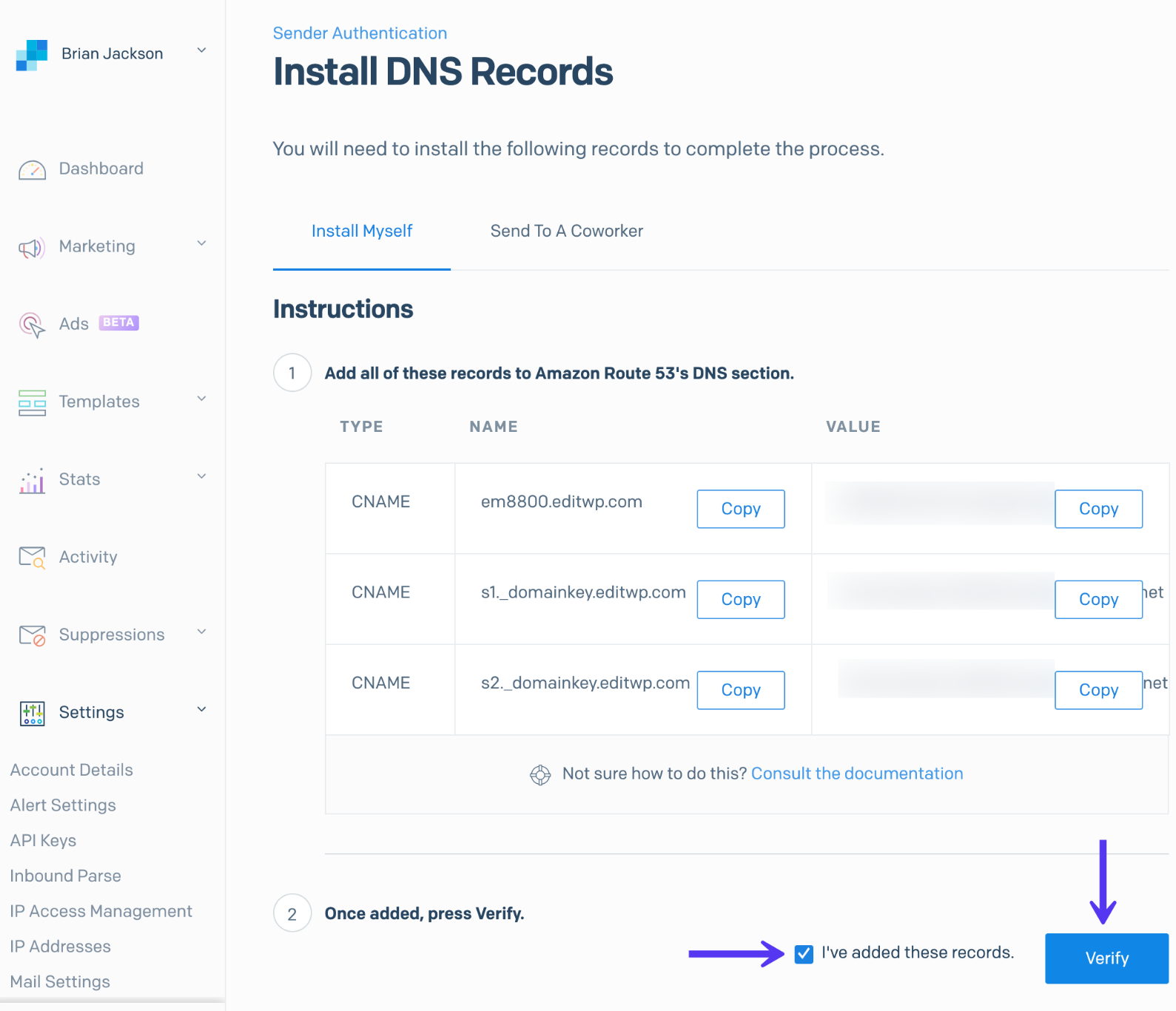 SendGridのDNSレコード