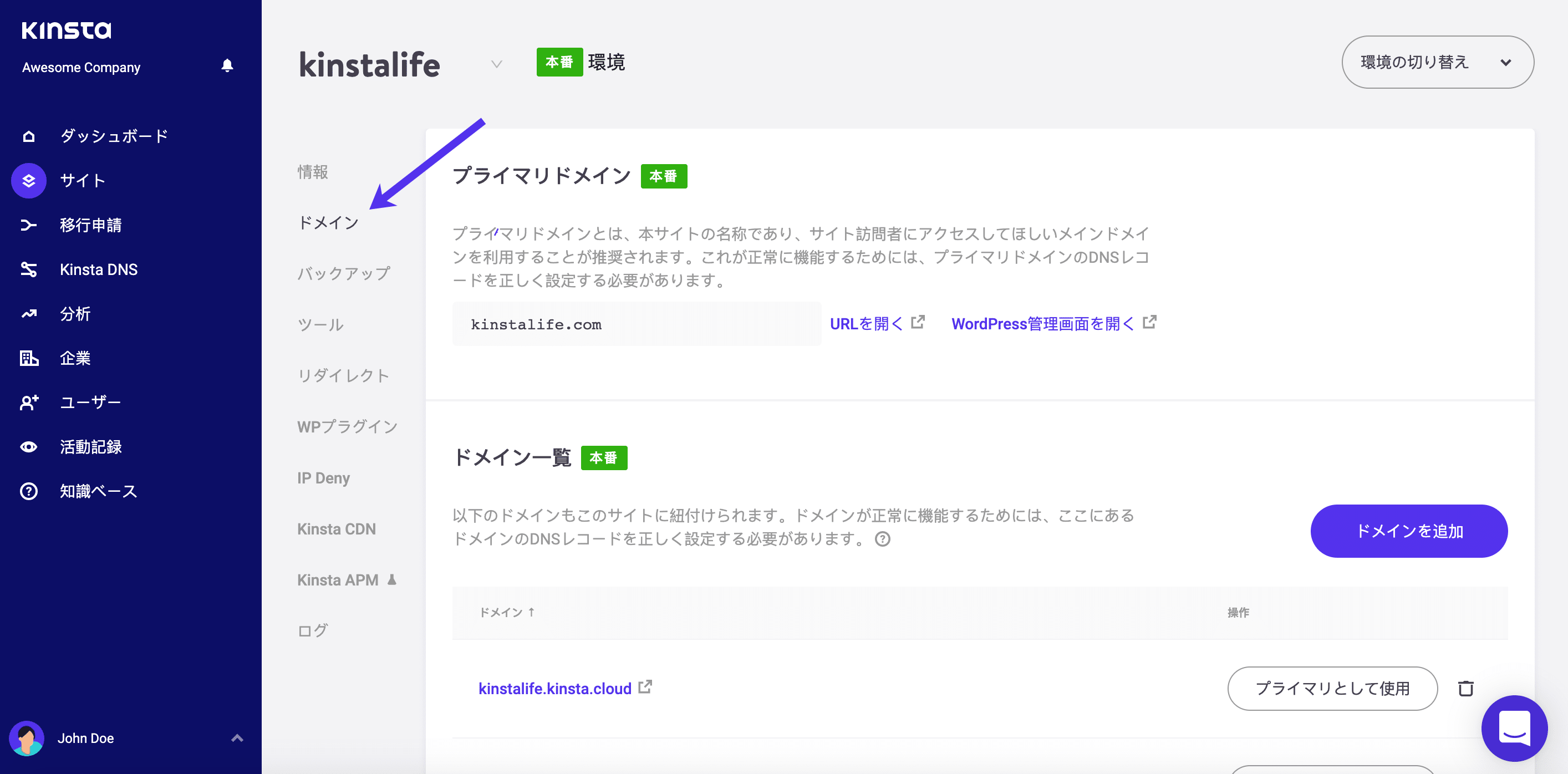 MyKinstaの「ドメイン」タブ