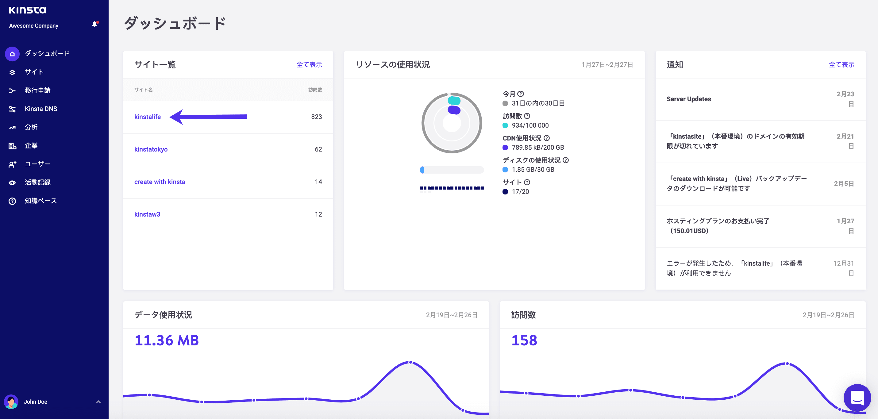 MyKinstaでサイトを選択する