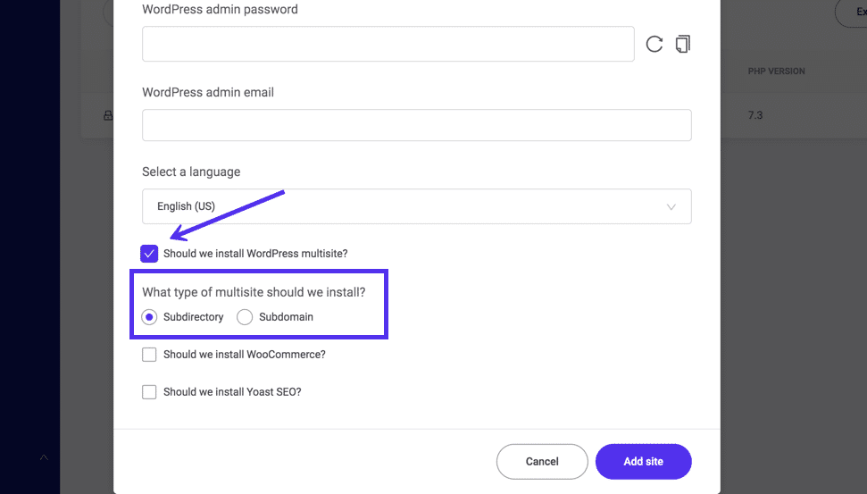 MyKinstaでのWordPressインストール時にマルチサイトを有効にする