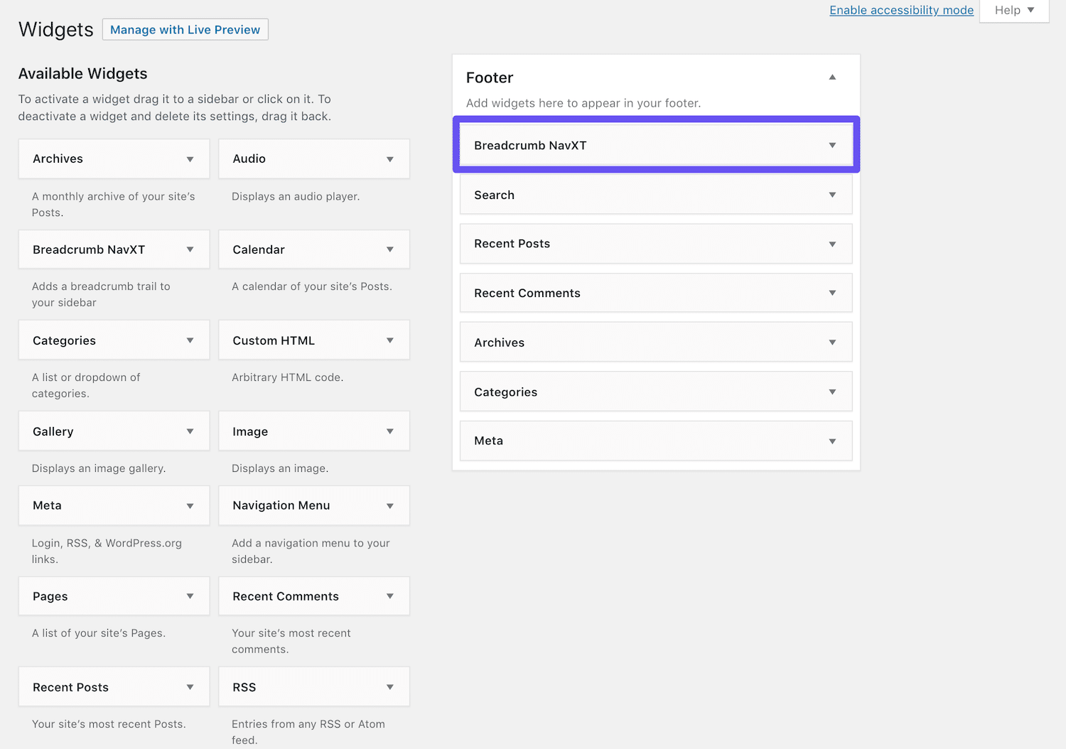 Breadcrumb NavXTウィジェットをフッターエリアに追加