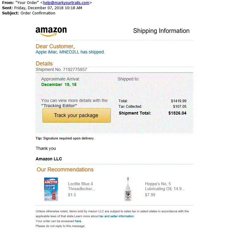 Amazonに偽装したフィッシングメールの例