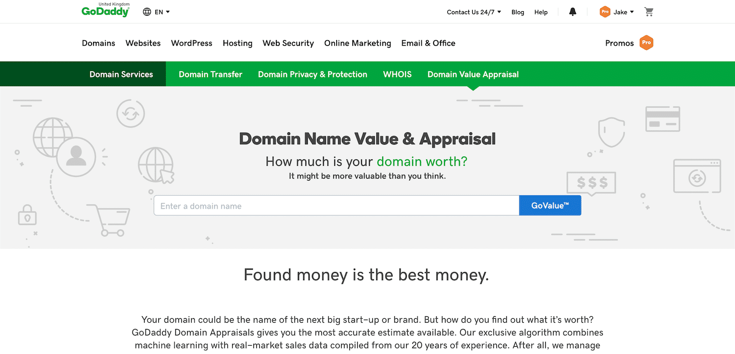 GoDaddyのウェブサイト価値計算ツール