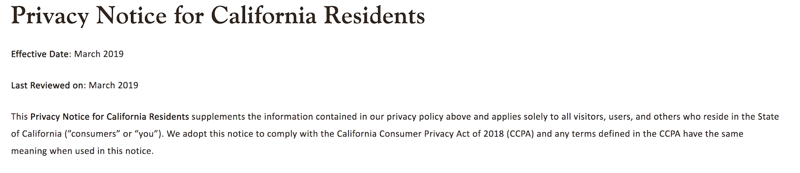 カリフォルニア州固有のプライバシー通知