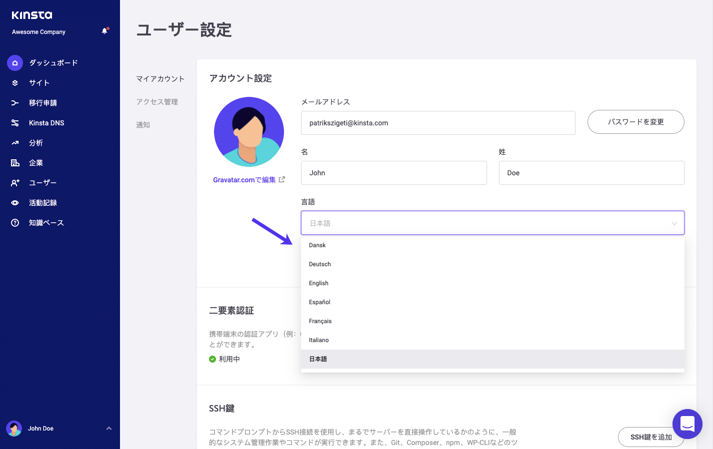 MyKinstaの言語切り替え
