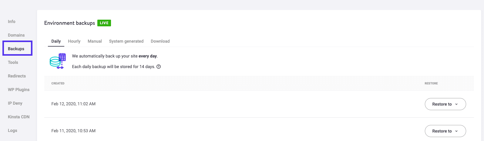 MyKinstaサイトのバックアップ