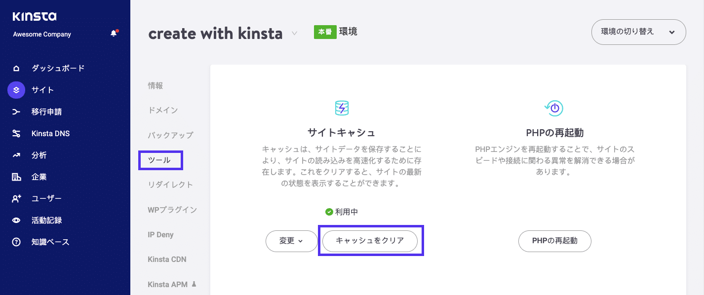 MyKinstaの「ツール」タブ