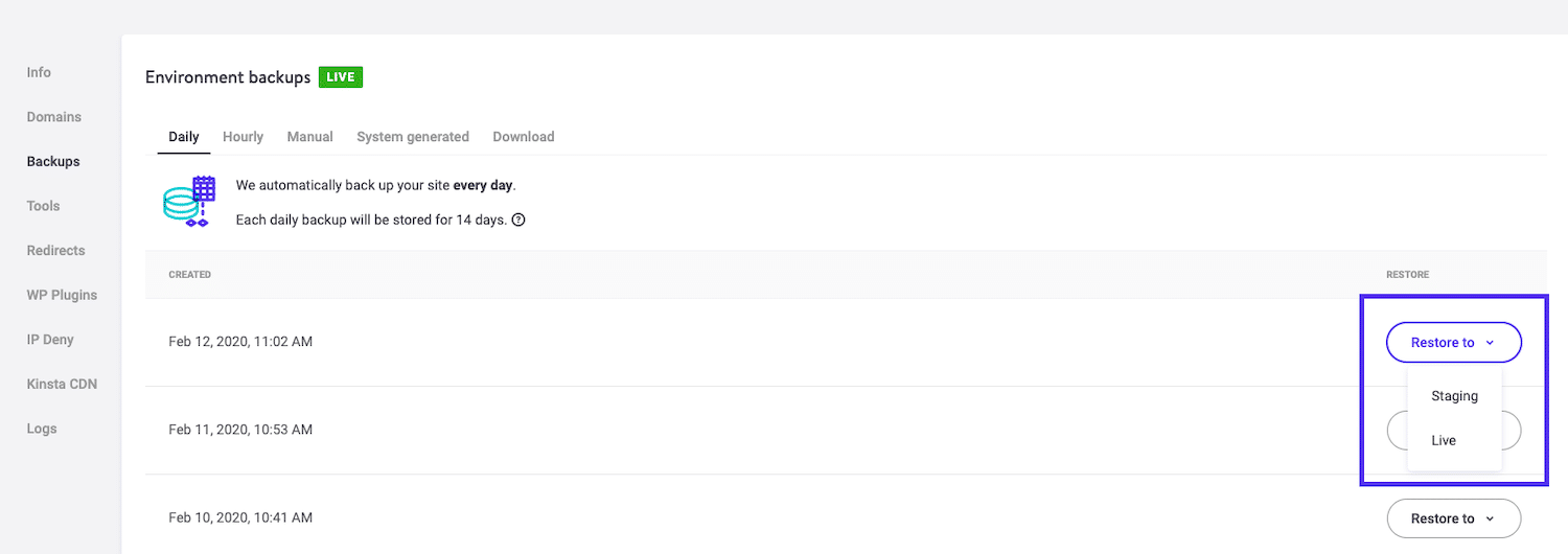 MyKinstaのバックアップ復元オプション