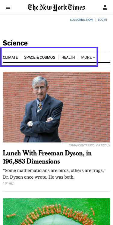 The New York Timesのscienceのページ – メインメニュー（モバイル版）