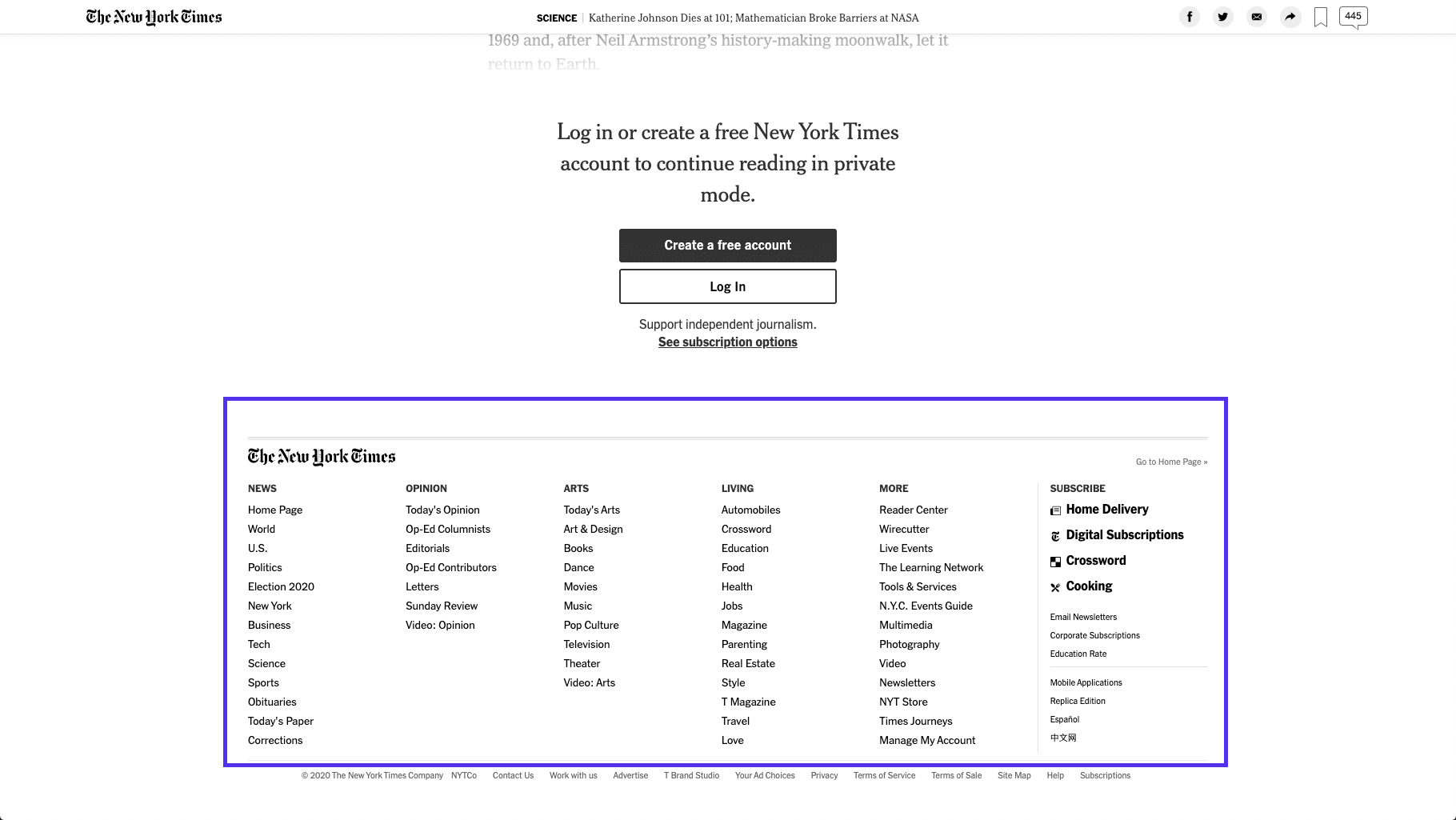 The New York Timesの記事 – フッターメニュー