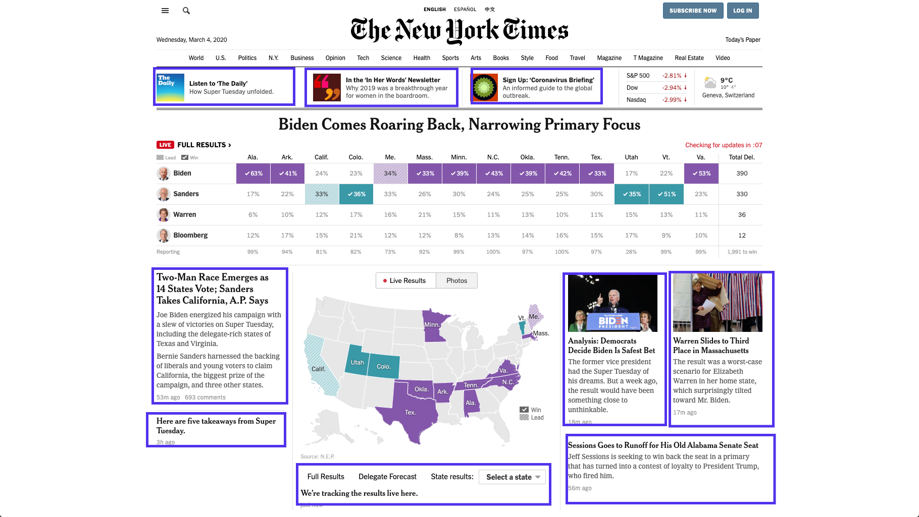 The New York Timesのホーム画面 