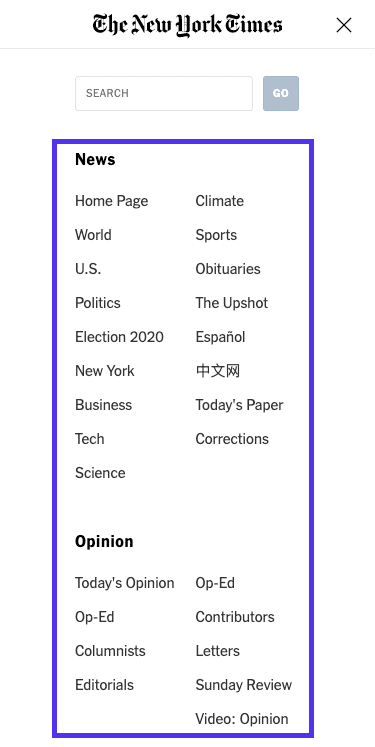 展開したメニュー – The New York Timesのトップ画面（モバイル版）