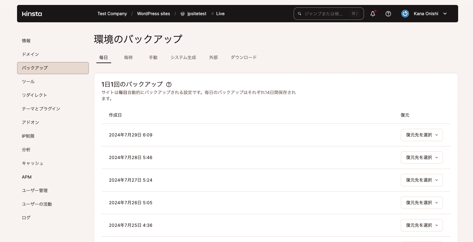 MyKinstaのバックアップ画面