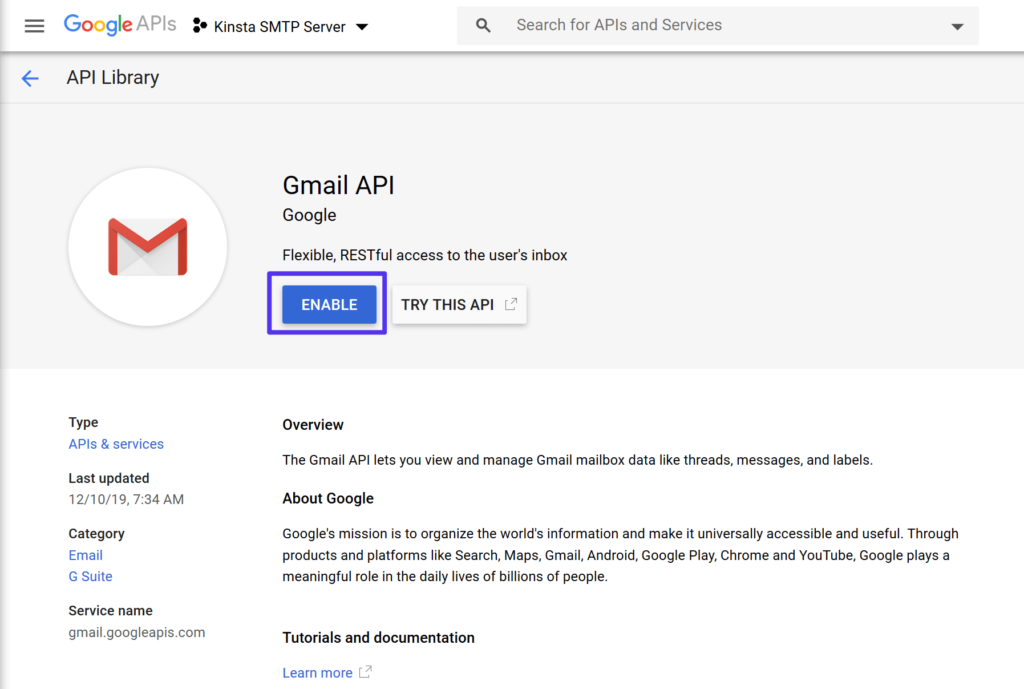 「Gmail API」を有効にする