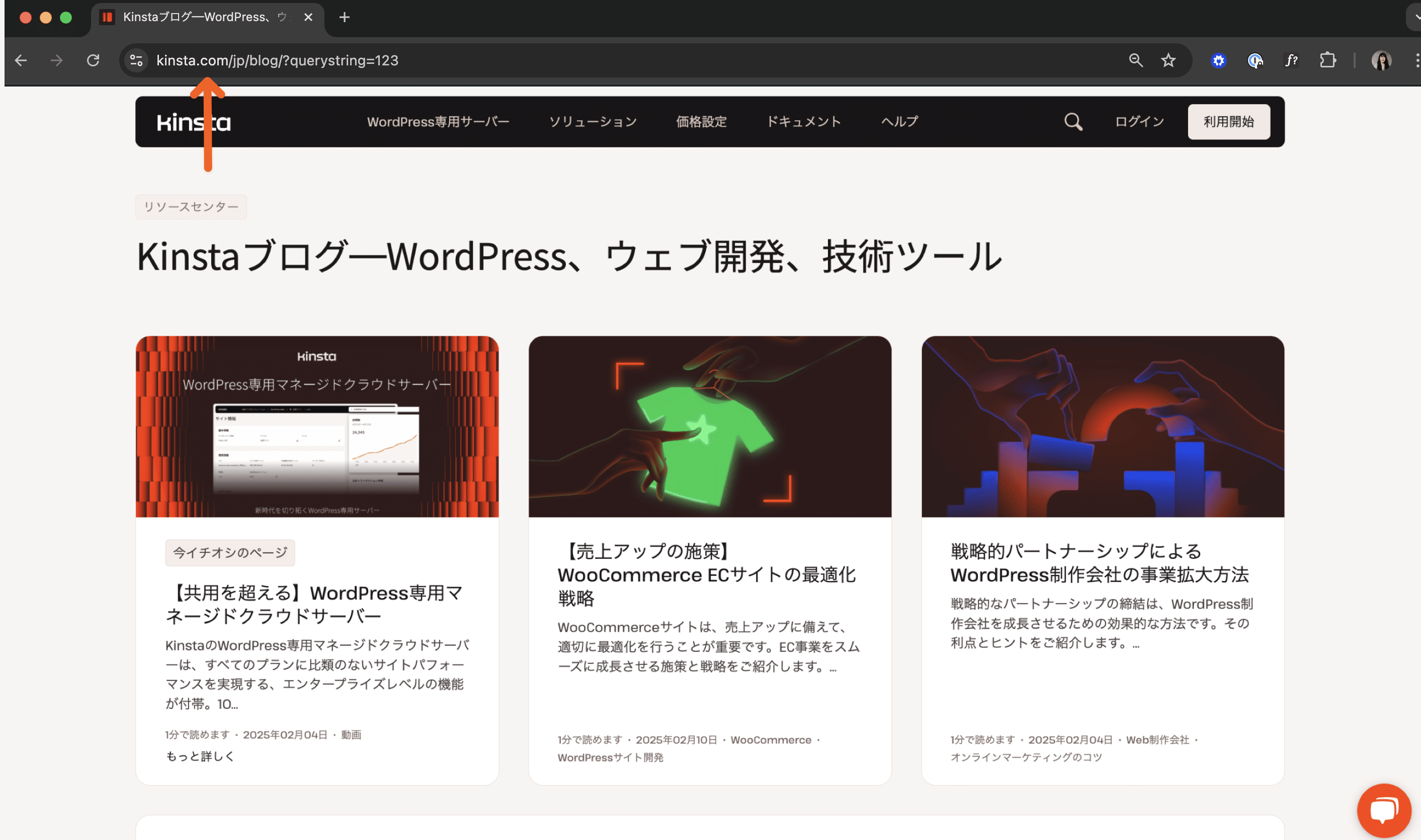 クエリ文字列のついたURL（?querystring=123）