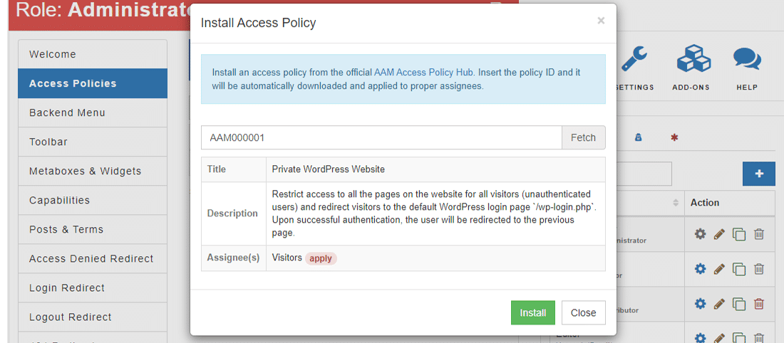 サイトの安全性を維持するために「Access Policy」をインストール