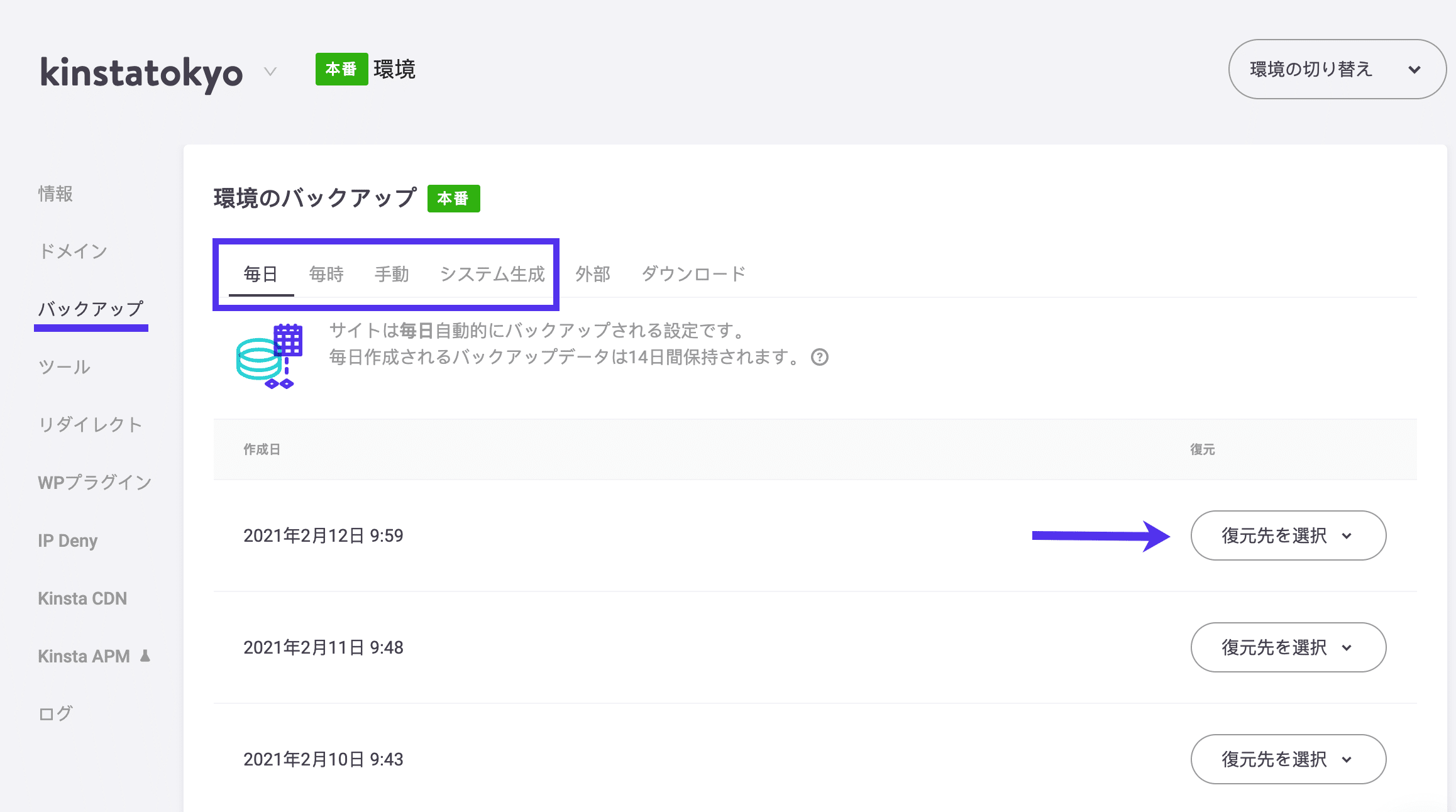 MyKinstaのバックアップ機能