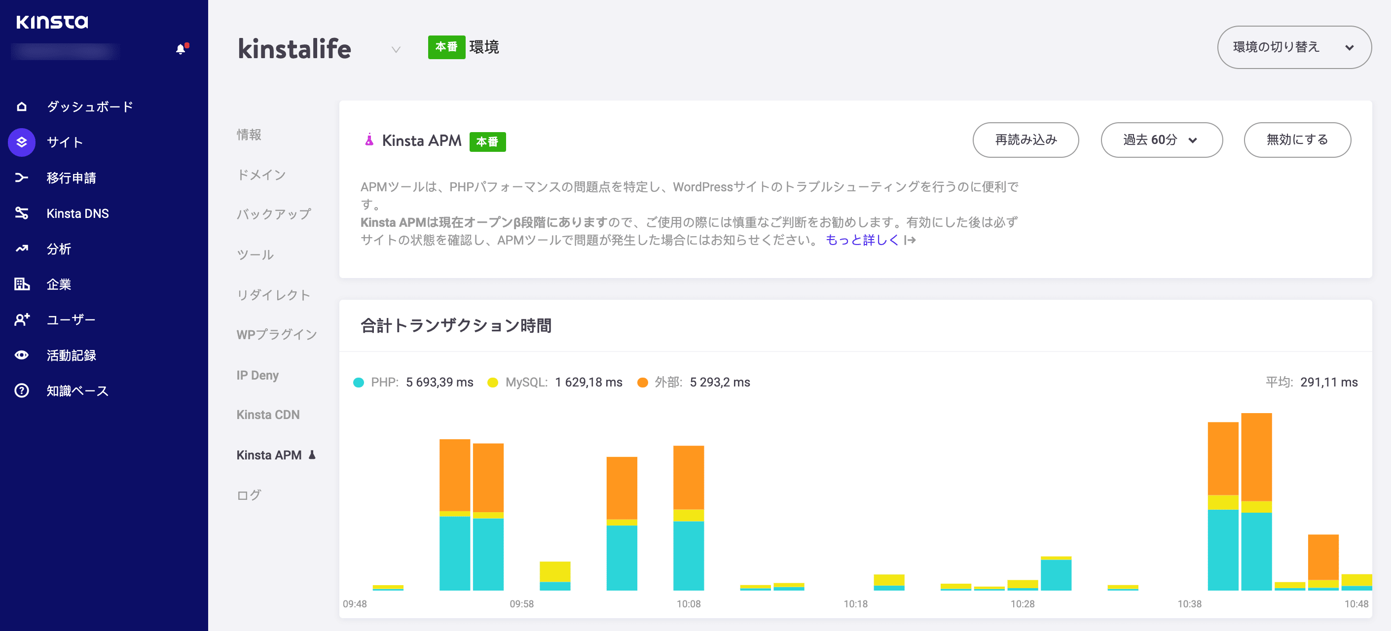 Kinsta APMメインダッシュボード画面