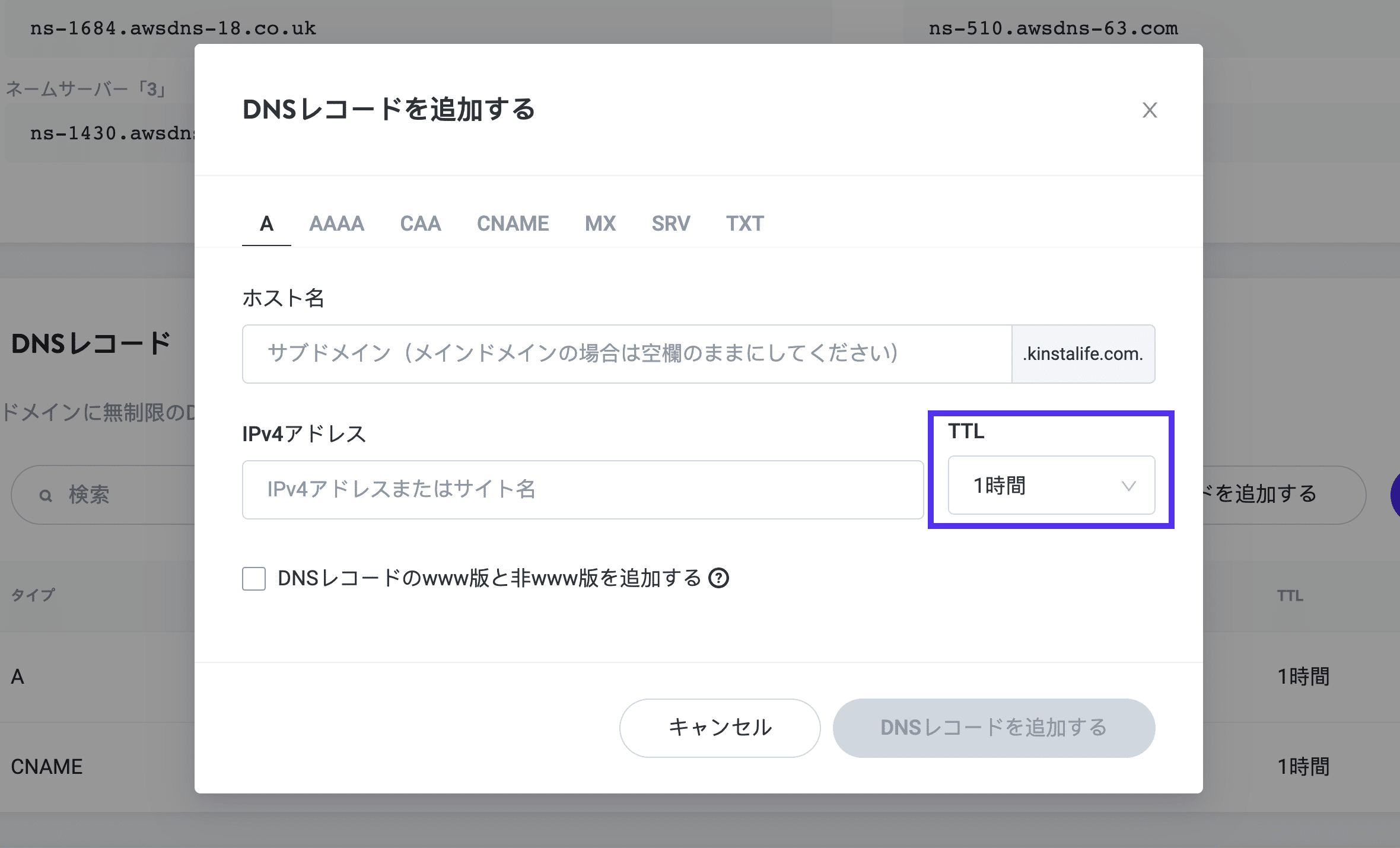 MyKinstaの「DNSレコードを追加」>「TTL」