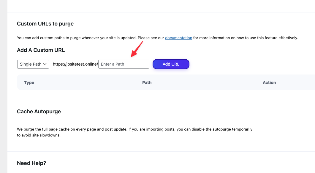 「Add A Custom URL」のフィールドにキャッシュをパージするカスタムURLのパスを入力