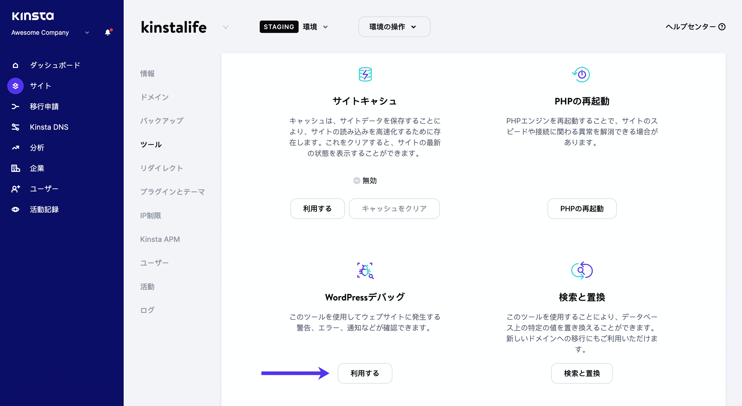 MyKinstaでWordPressデバッグを有効にする